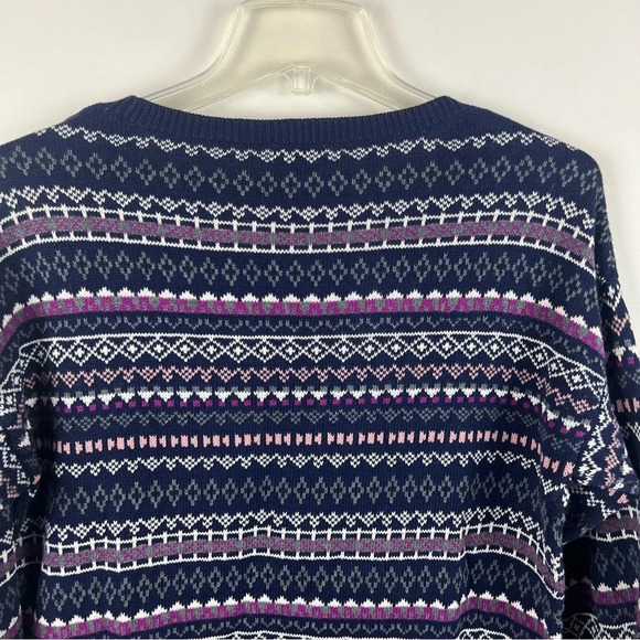 Mossimo Fair Isle Crew Neck Sweater 100% Cotton Navy Blue Pink Ski Cabin Medium - Picture 9 of 10